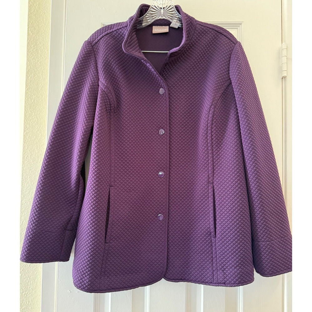 Chicos Purple Quilted Mock Neck Button Front Jacket Size 1 M Diamond Stitch